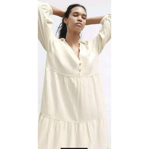 Zara Dresses & Skirts - ZARA LINEN-BLEND PANELLED MIDI DRESS 8741/062 CREAM  Medium